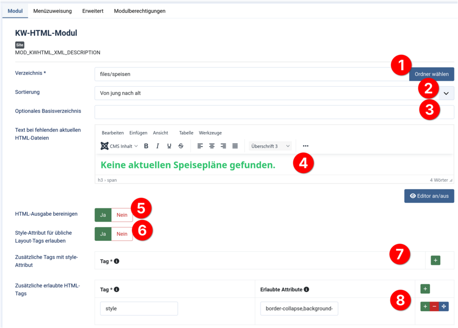 Einstellungsfenster des Moduls mod-kwhtml
