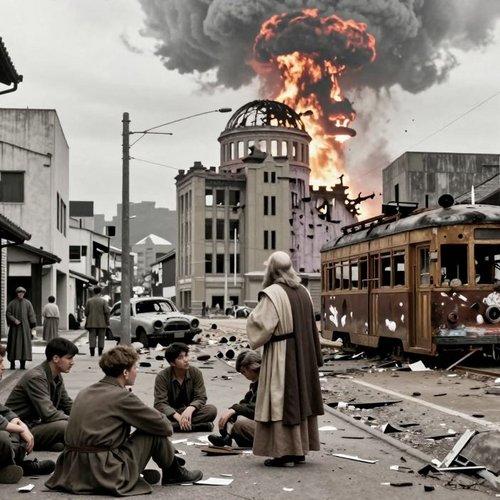 Ein alttestamentlicher Prophet predigt zu einer Menschengruppe vor dem Hintergrund des kriegszertörten Hiroshima, Atompilz im Hintergrund.