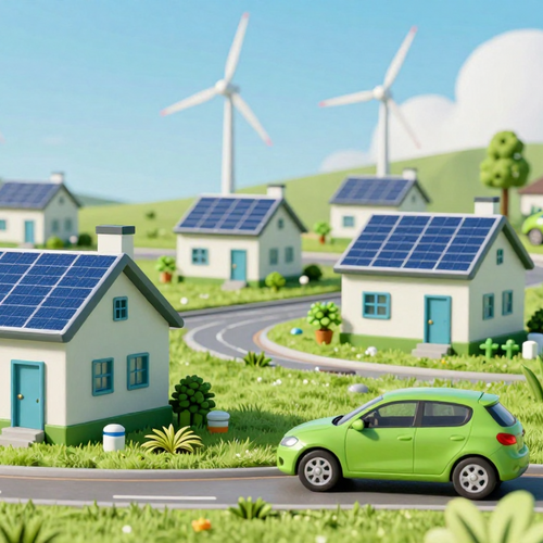 Eine Landschaft mit Häuser, viele PV-Module, Windkraftanlagen, grüne Autos