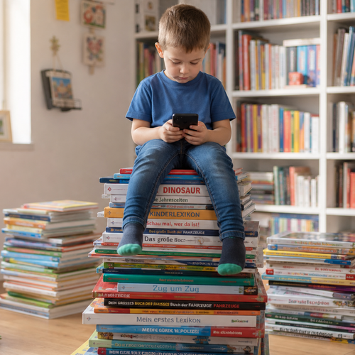 Ein ca. 6jähriges Kind sitzt in einem mit Büchern überreich ausgestatten Zimmer auf einem Stapel überdimensionierter Bücher und schaut auf ein Smartphone.