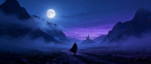 Ein Wanderer in einer nächtlichen Landschaft zwischen Bergen auf dem Weg zu einer Stadt oder Burg