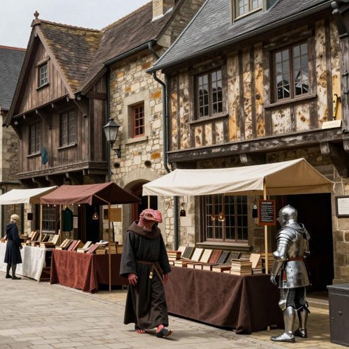 Ein roter Drache läuft durch eine mittelalterlich aussehende Straße mit vielen Buchverkäufer*innen.